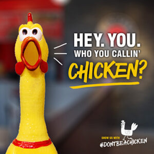 A picture of a rubber chicken, encouraging you to join on the contest.
