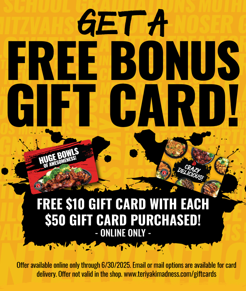 Get a free bonus gift card. Free $10 gift card with each $50 gift card purchased! Offer available online only through 6/30/2025. Email or mail options are available for card delivery. Offer not valid in shop. Image links to gift card ordering page.